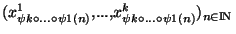 $(x_{\psi k \circ ... \circ \psi 1(n)}^1,...,x_{\psi k \circ ... \circ \psi 1(n)}^k)_{n \in {\rm I\!N }}$